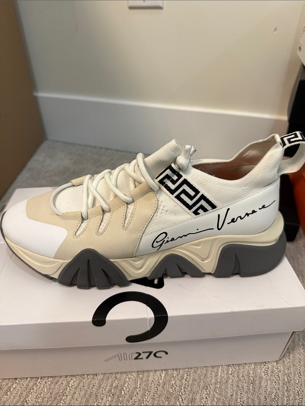 Versace Cream, White & Gray Chunky Platform Sneakers